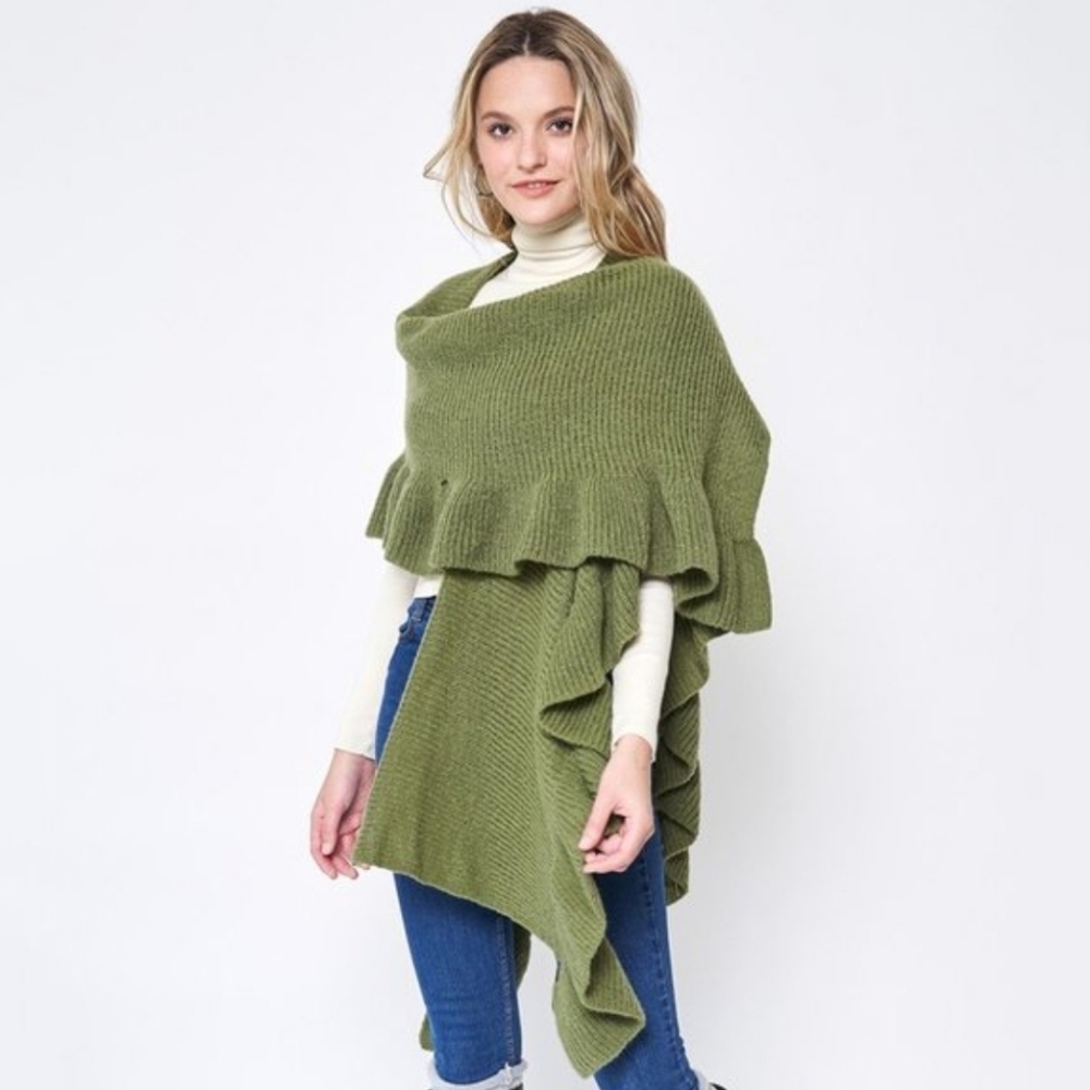 NWT Do Everything In Love Olive Green Ruffle Ruana Knit Poncho Wrap OS